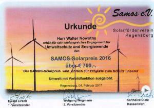 Urkunde Samos Solarpreis 2016